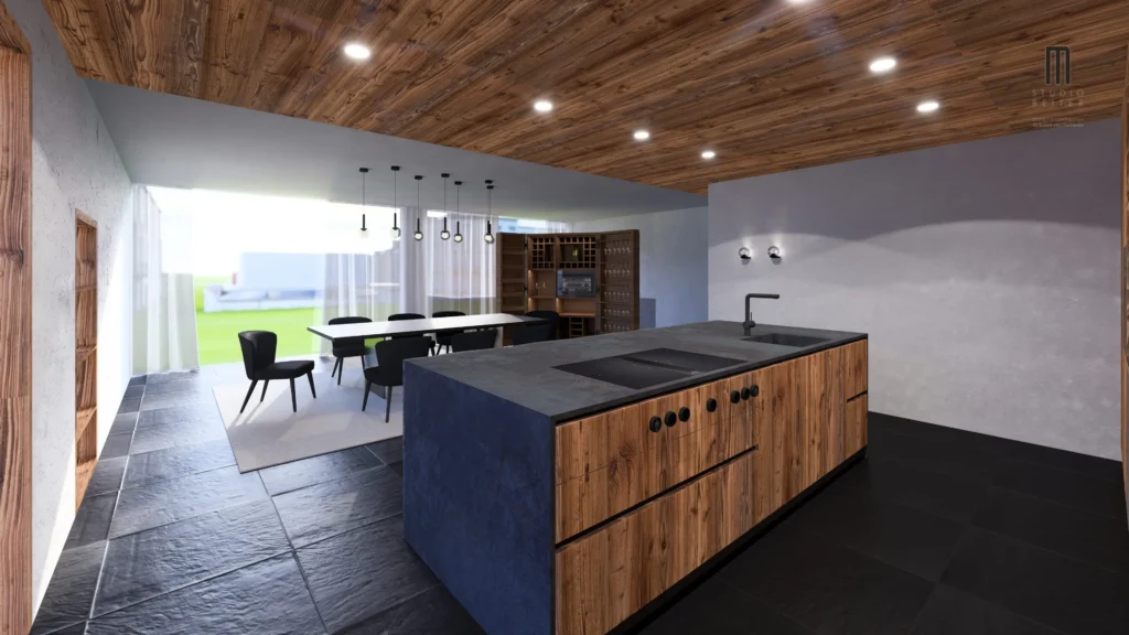 3D Küchenbereich aus Altholz und Stein Phototropismus