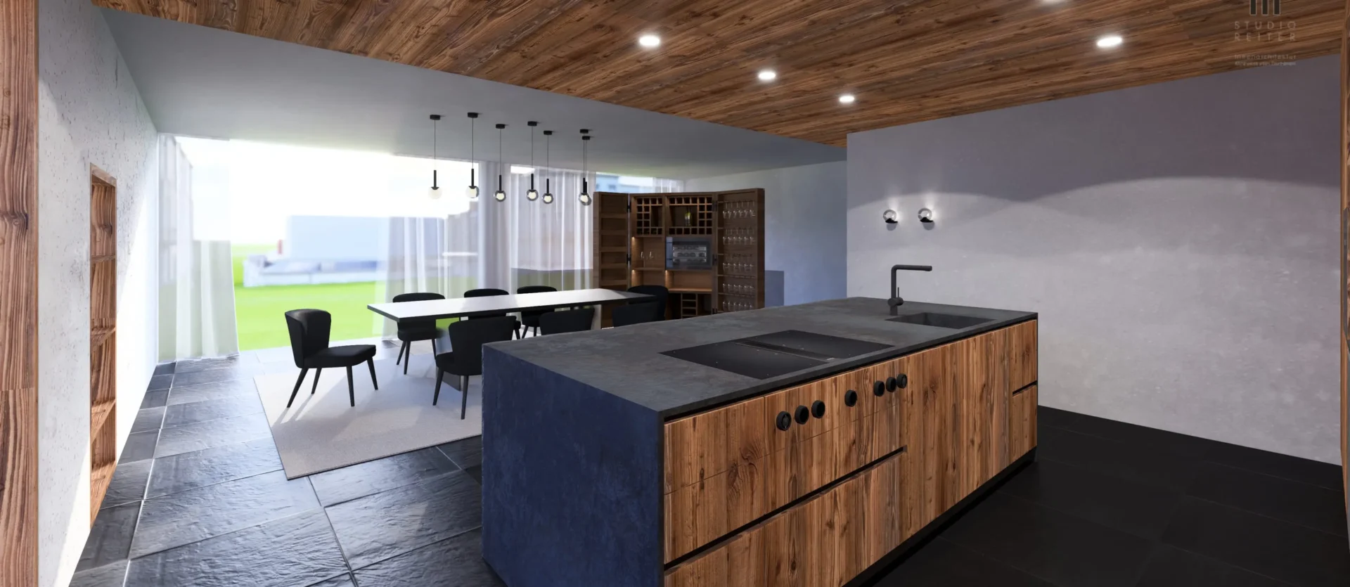 3D Küchenbereich aus Altholz und Stein Phototropismus