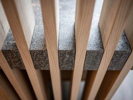 Detailaufnahme einer maßgefertigten Tischlereieinrichtung mit Holzlamellen und grauen Steinplatten als Teil, Zweitwohnsitz