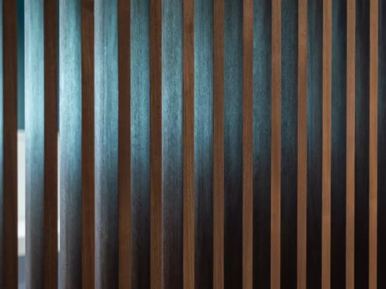 Holzlamellen als Raumteiler mit Licht- und Schatteneffekten in modernem Innenraumdesign, Poliform