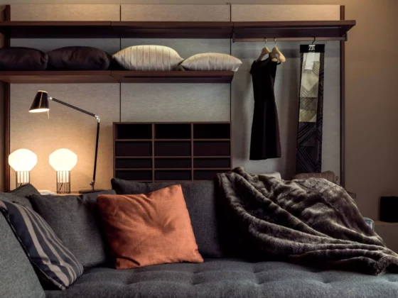 Moderner Wohnraum mit grauem Sofa, farbigen Kissen, Fell-Decke, Wandregal, Designerlampen und schwarzem, Innenarchitekt