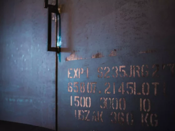 Nahaufnahme einer blauen Metallfläche mit verblasster, rostiger Beschriftung und einem schwarzen Griff, Innenarchitekt