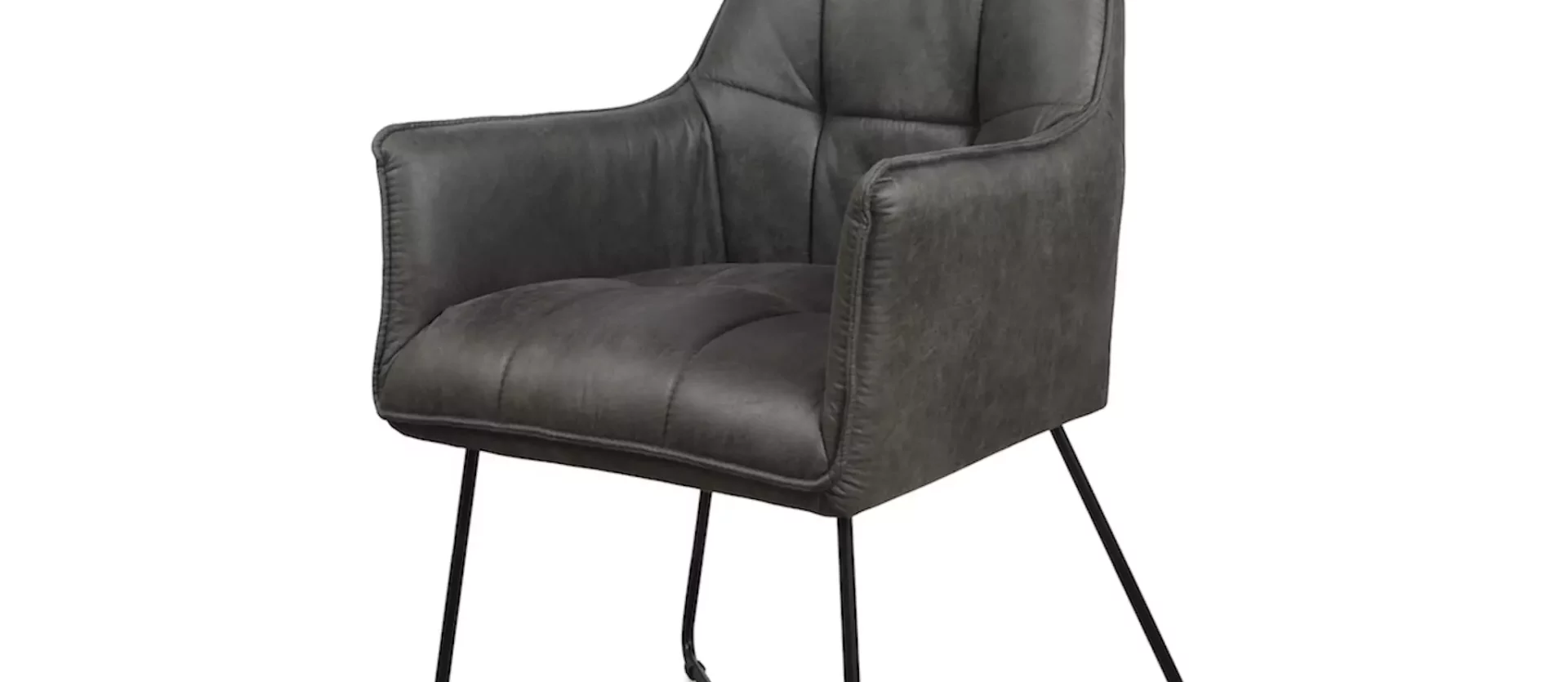 Moderner dunkelgrauer Polsterstuhl mit Armlehnen und schwarzem Metallgestell, Designermöbel für Innenarchitektur und