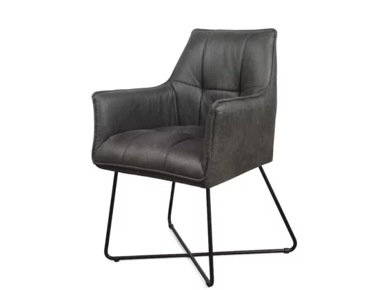 Moderner dunkelgrauer Polsterstuhl mit Armlehnen und schwarzem Metallgestell, Designermöbel für Innenarchitektur und