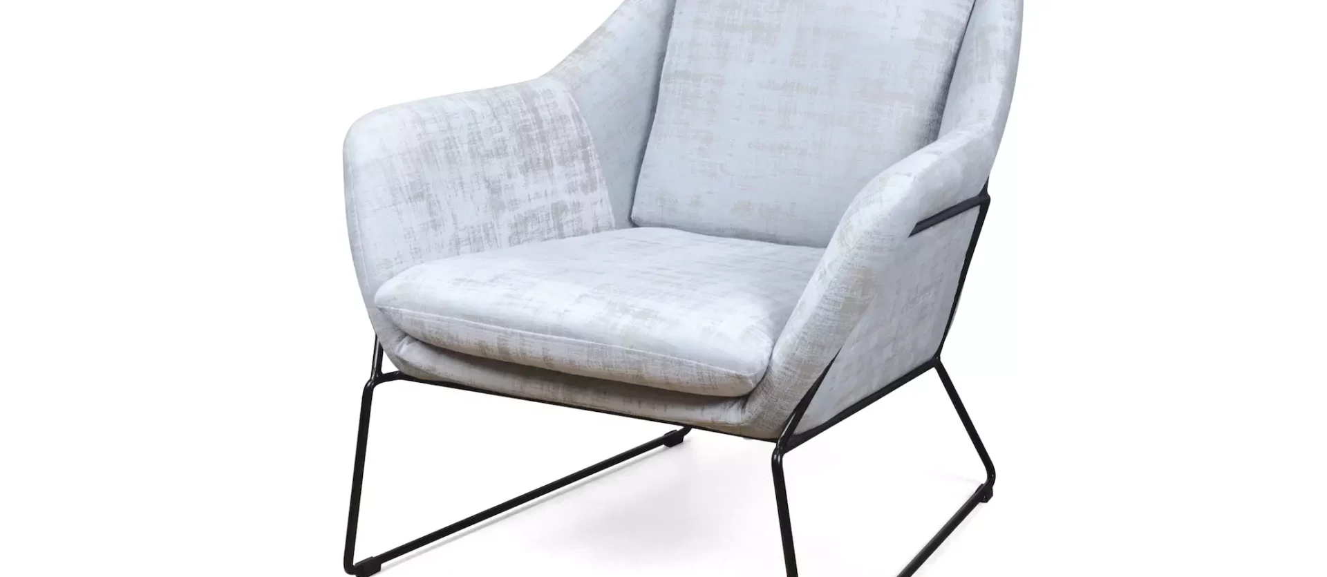 Moderner Lounge-Sessel mit hellgrauem Stoffbezug und schwarzem Metallgestell, Designermöbel im Möbelstudio Reiter