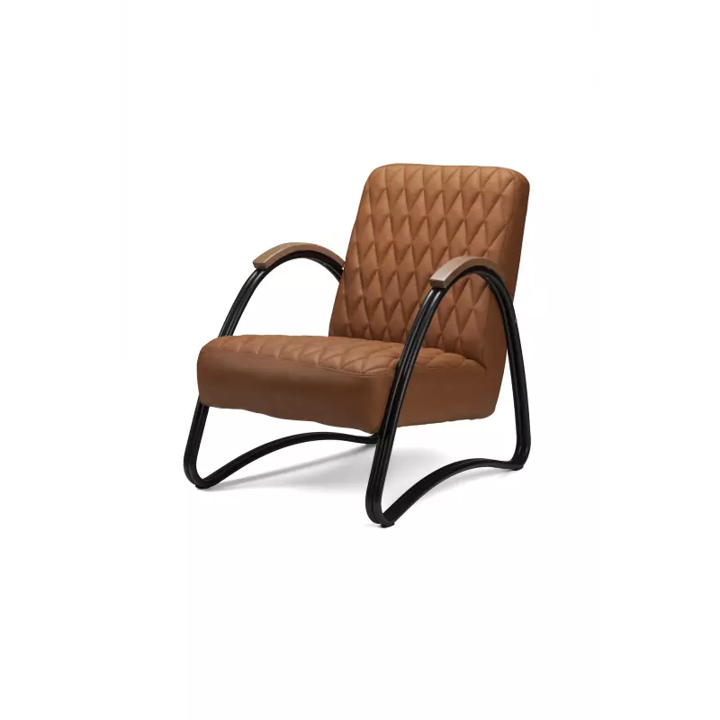 Brauner Ledersessel mit gestepptem Rücken und Sitzfläche, schwarzer Metallrahmen mit gebogenen Armlehnen, modernes, Möbel