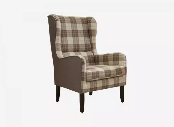 Ohrensessel mit braun-beigem Karomuster und dunklen Holzbeinen, Designermöbel im Möbelstudio, Maßanfertigung möglich