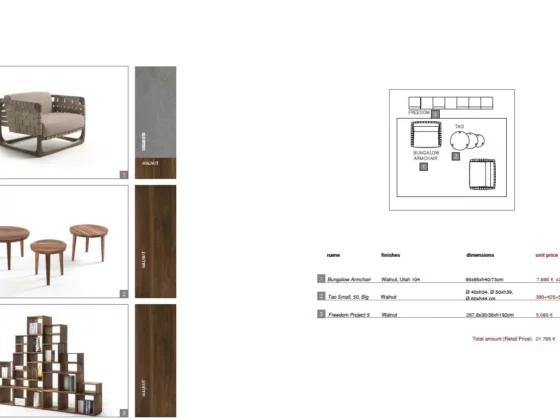 Riva1920 Bungalow Armchair, Tao Beistelltische und Freedom Project 5 Regal aus massivem Walnussholz, Möbelstudio