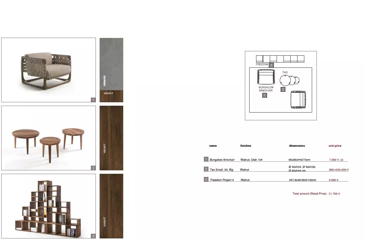 Riva1920 Bungalow Armchair, Tao Beistelltische und Freedom Project 5 Regal aus massivem Walnussholz, Möbelstudio