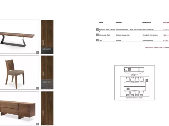 Massivholz Esszimmertisch Bedrock Plank C Resin mit Natural Iron Gestell, Stuhl Pimpinella Cloth und Sideboard Aki, Riva1920