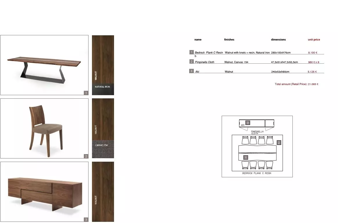 Massivholz Esszimmertisch Bedrock Plank C Resin mit Natural Iron Gestell, Stuhl Pimpinella Cloth und Sideboard Aki, Riva1920