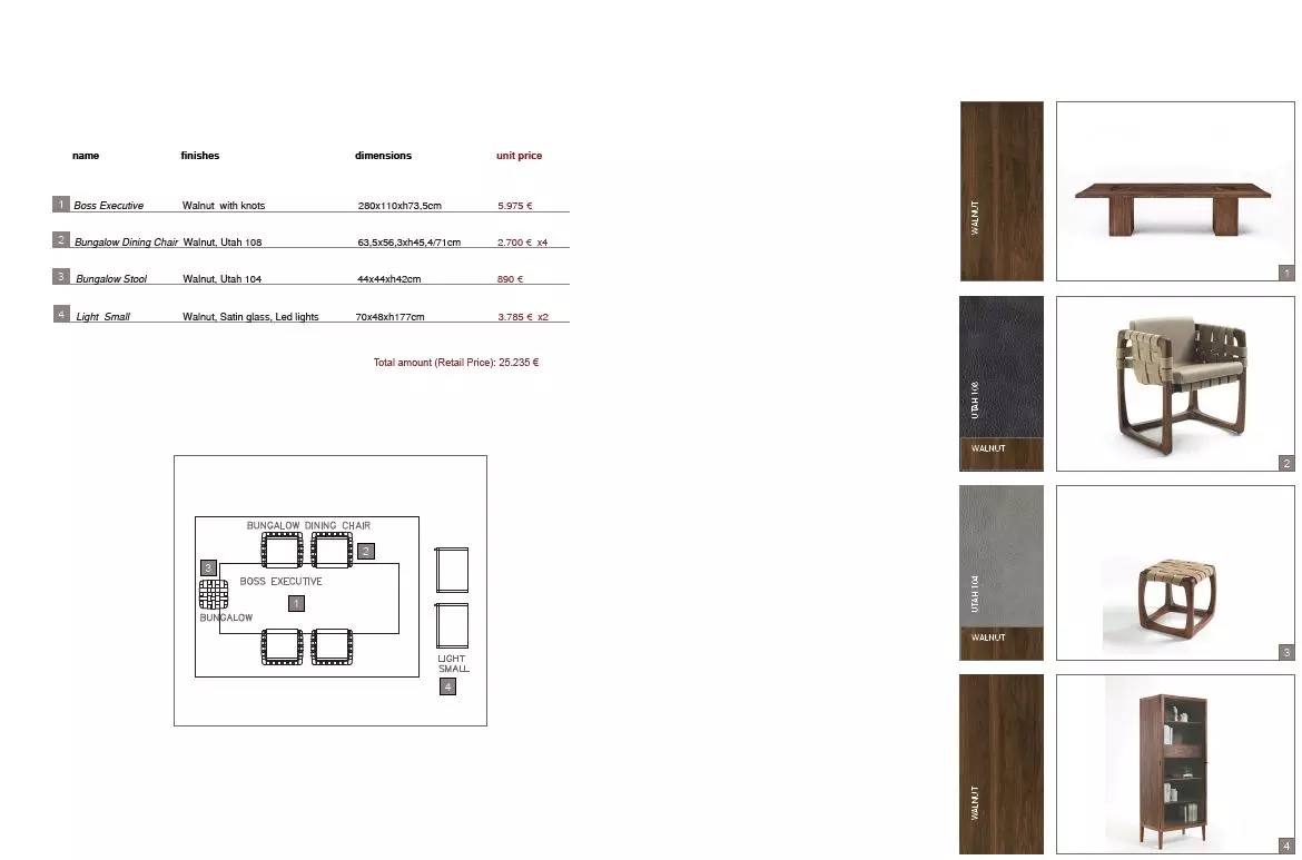 Riva1920 Massivholz Möbelkomposition mit Boss Executive Tisch, Bungalow Stühlen und Hockern aus Walnuss im Möbelstudio