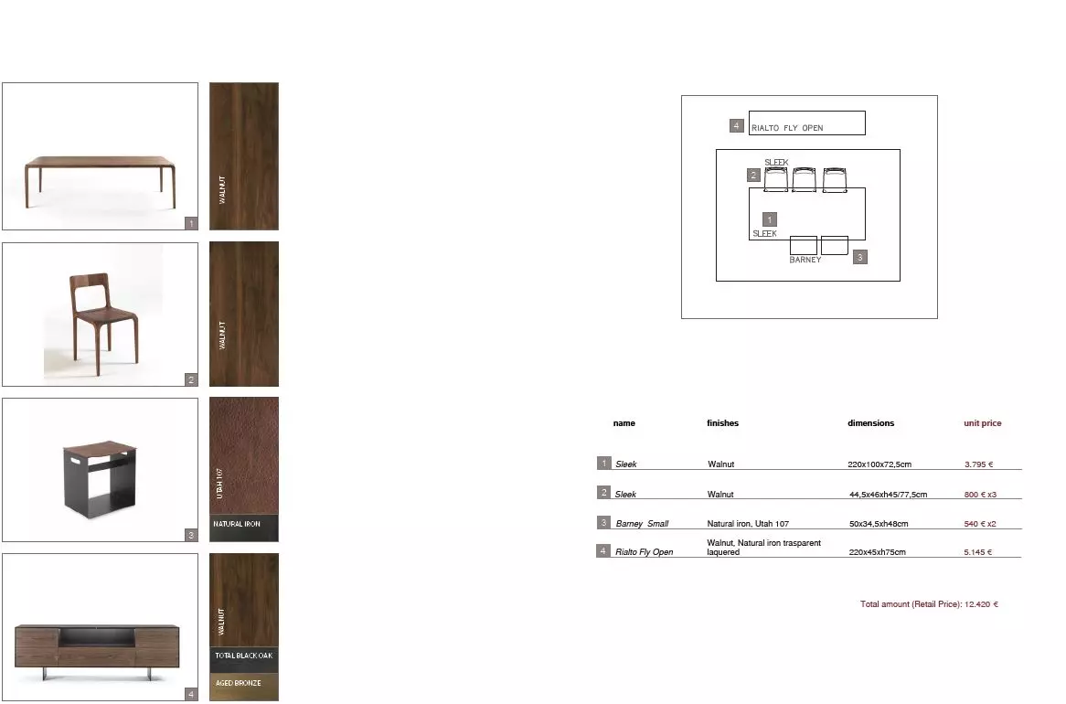 Riva1920 Massivholz Möbelkomposition mit Sleek Tisch und Stuhl aus Walnuss, Barney Small Hocker aus Naturstahl, Rialto Fly
