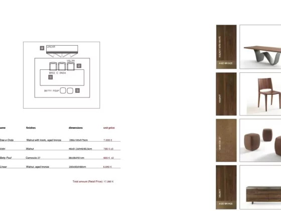 Massivholz Esszimmertisch Bree e Onda mit gewelltem Bronzefuß, dazu passende Nussbaumstühle Voltri und braune, Riva1920