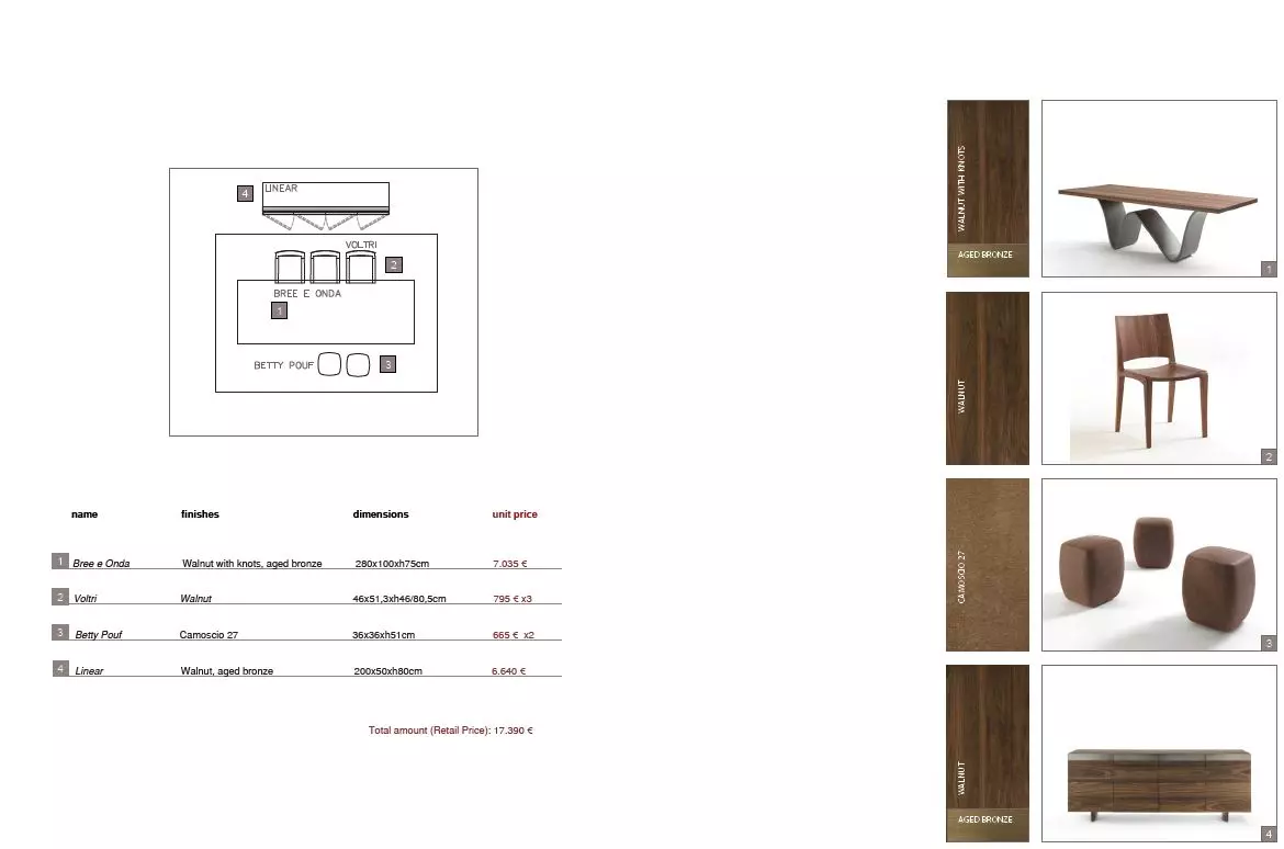 Massivholz Esszimmertisch Bree e Onda mit gewelltem Bronzefuß, dazu passende Nussbaumstühle Voltri und braune, Riva1920