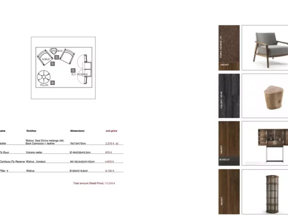 Massivholz Möbelkomposition von Riva1920 mit Sessel, Hocker, Vitrine und Stehleuchte in Walnuss im Möbelstudio Showroom