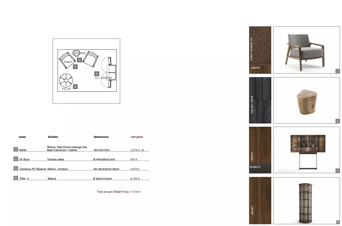 Massivholz Möbelkomposition von Riva1920 mit Sessel, Hocker, Vitrine und Stehleuchte in Walnuss im Möbelstudio Showroom