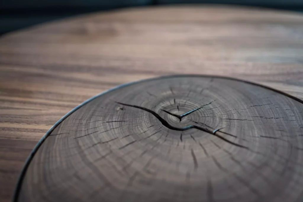 Nahaufnahme einer runden Holzplatte mit sichtbaren Jahresringen und Rissen, Detail einer maßgefertigten, Riva1920