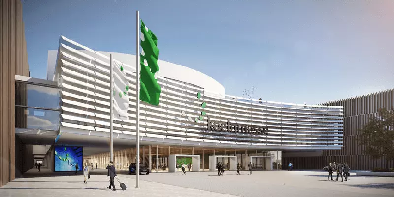 Eingang der Koelnmesse mit modernem Fassadendesign und Fahnen, Messe Köln, Architektur und Raumlösung, Außenansicht des