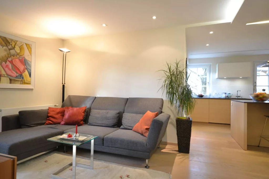 Moderner Wohnraum mit grauem Poliform Sofa, roten Kissen, Glas-Couchtisch, Stehlampe, Pflanze und offener Küche, Referenzen