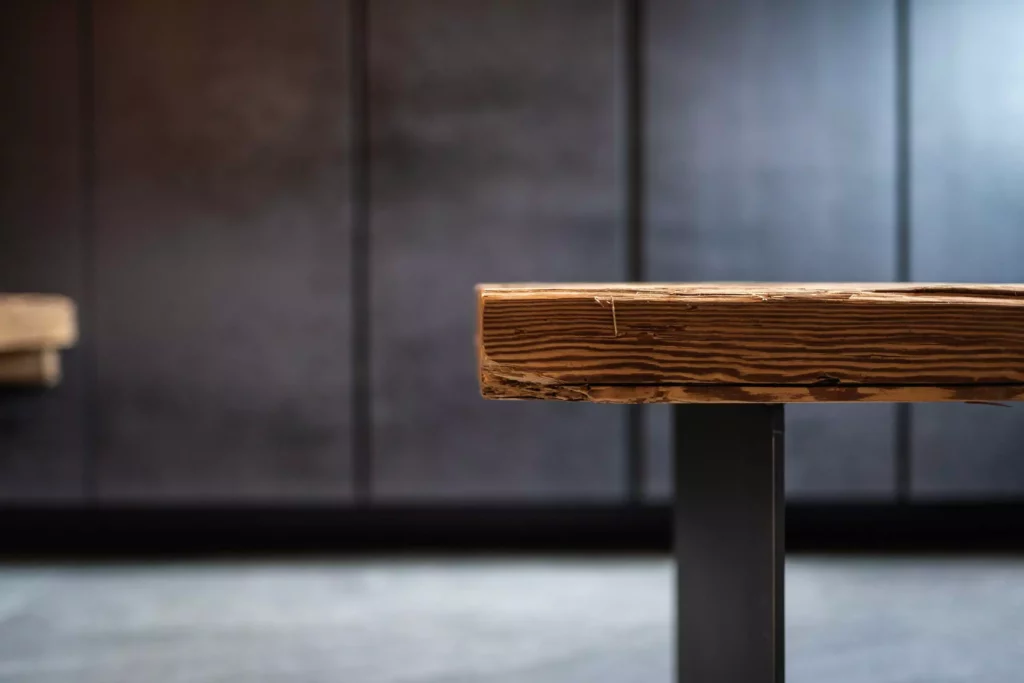 Massivholztisch mit sichtbarer Maserung und schwarzem Metallgestell vor dunklem Hintergrund im Möbelstudio Reiter, Minotti