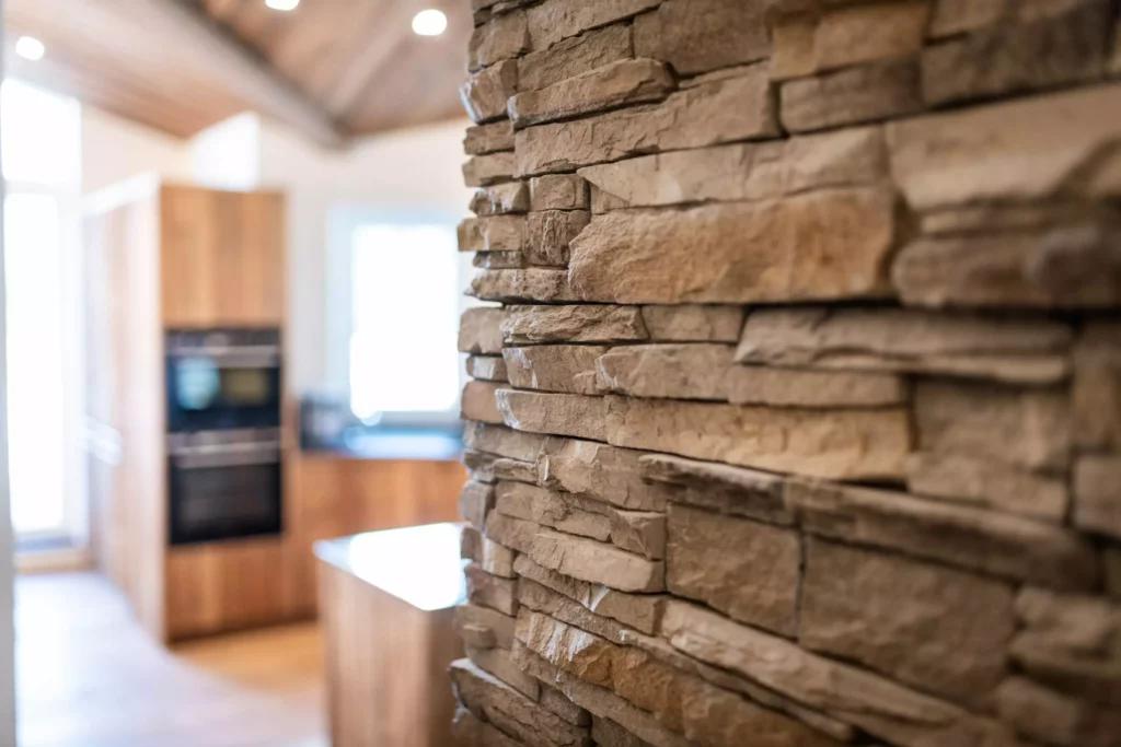 Nahaufnahme einer rustikalen Steinwand im Innenraum mit unscharfer moderner Küche im Hintergrund, Massivholz und, Minotti