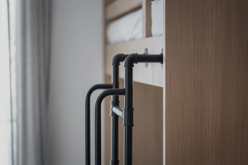 Detailaufnahme eines maßgefertigten Etagenbetts aus Holz mit schwarzen Metallgeländern in einem Zweitwohnsitz, Einrichtung