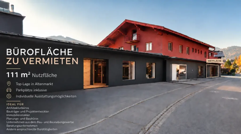 Moderne Bürofläche mit 111 m² Nutzfläche und Parkplätzen in Top-Lage Altenmarkt, ideal für Architektur- und Planungsbüros.