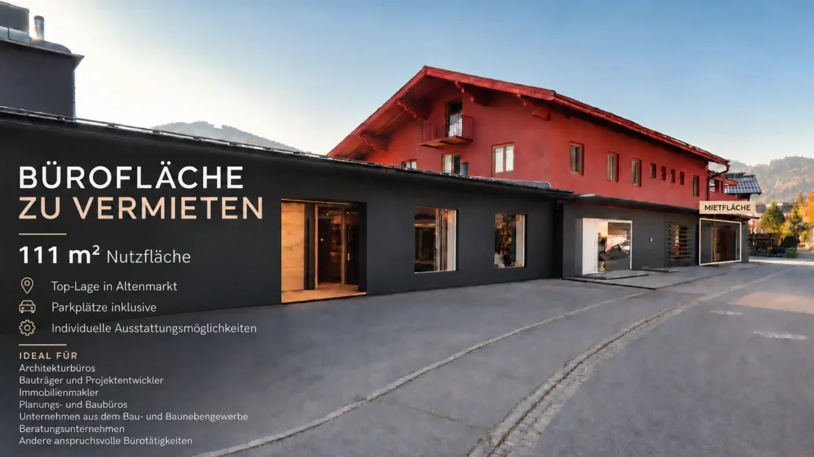 Moderne Bürofläche mit 111 m² Nutzfläche und Parkplätzen in Top-Lage Altenmarkt, ideal für Architektur- und Planungsbüros.