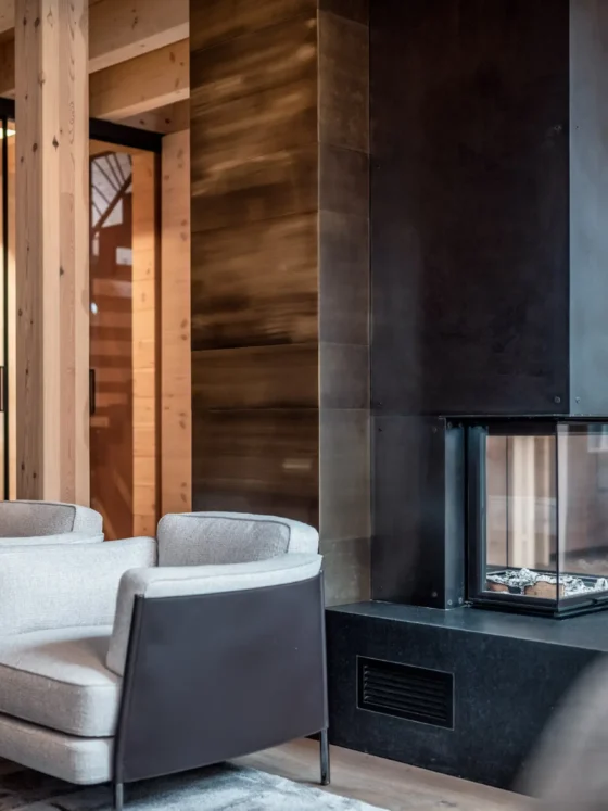 Moderner Wohnraum mit zwei grauen Sesseln, schwarzem Kamin und Holzverkleidung, stilvolle Innenarchitektur und Möbelstudio